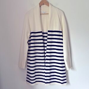 J. Jill Striped Longline Open Sweater Cardigan Knit Coastal Grandma Cream/Navy